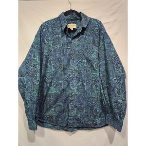JOHARI WEST 3XL Blue & Teal Tropical Long Sleeve Button Up Batik Leisure Shirt